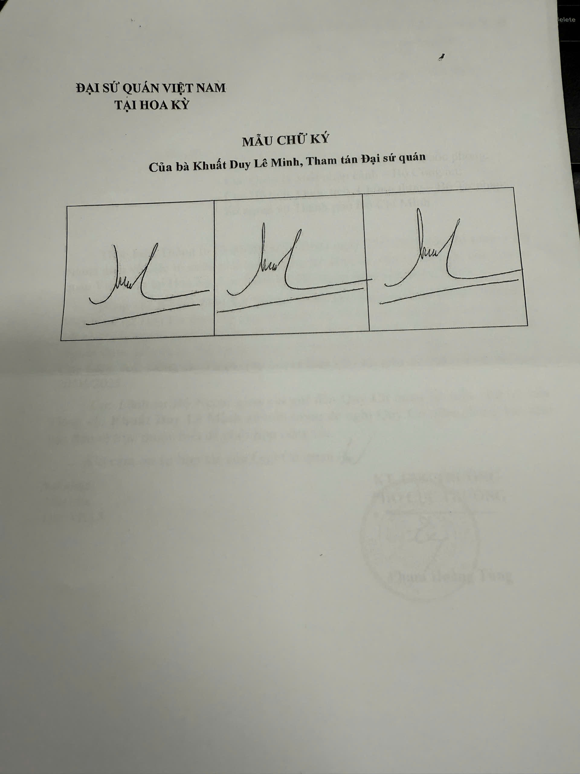 Thông báo chữ ký lãnh sự của đồng chí Khuất Duy Lê Minh, Tham tán, Đại sứ quán Việt Nam tại Hoa Kỳ